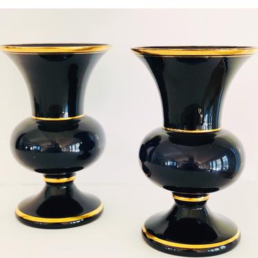 Amethyst Glass Urns with Gilt Detail, Pair