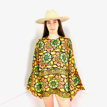 Indian Hand Blocked Tunic // vintage 70s mini dress blouse boho hippie hippy 1970s cotton India green sun // O/S 