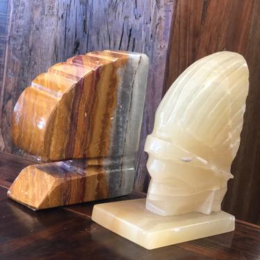 Vintage Mid Century Modern Stone Bookends Set Hand Carved Warm Colors Mismatched Bohemian Decor Marble style Retro Deco Art 