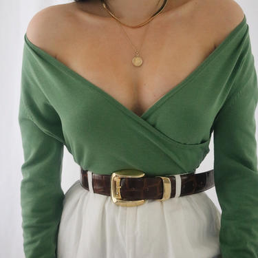 Vintage Green Silk Wrap Sweater - V Neck Faux Wrap Sweater - S/M 