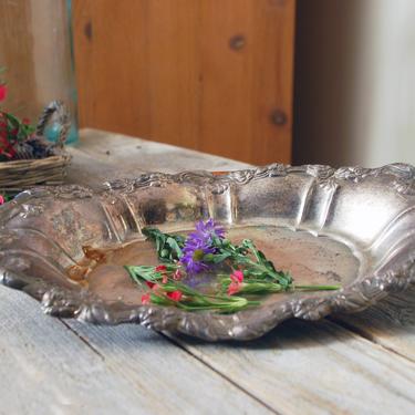 Vintage silver serving tray / silver plated serving platter with floral rim / etched silver tray / shabby chic / antique silver vanity tray 