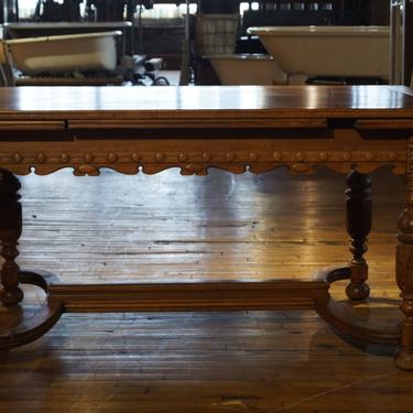 Antique Dining Table w Ornate Carved Base and Built In Leaves