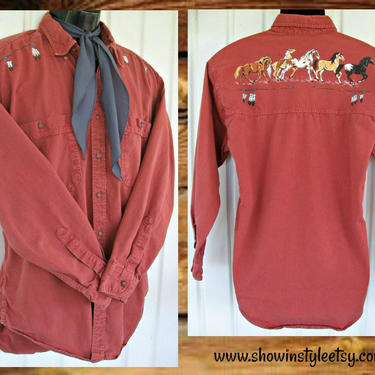 Unbranded Vintage Western Men's Cowboy &amp; Rodeo Shirt, Native American Symbols, Running Horses, Approx. Large (see meas. photo) 