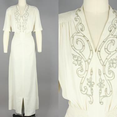 1940s Ivory Rayon Crepe Gown | VIntage 40s 'Emma Domb Party Lines' Dress with Soutache &amp; Studs | xl 