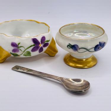 Porcelain Salt Cellar Hand Painted Purple Flowers and Gold Trim and Silver England Spoon 