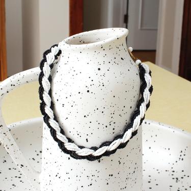 s.a.l.e. Vintage Pre-WW2 German Beaded Choker - Black &amp; White Glass Seed Bead Braided Necklace 