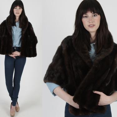 Genuine Mahogany Mink Fur Stole / Dark Brown Natural Real Mink Fur Wrap / Vintage 60s Wedding Fur Cape / 1960s Bolero Shrug With Pockets 