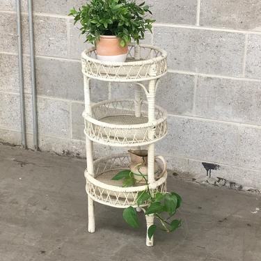 Vintage Wicker Table Retro 1980s White + Woven Straw + 3 Tier + Plant Stand + Cylinder Shaped + Storage and Organization + Home Decor 