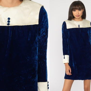 Blue Velvet Mini Dress 60s Mod Party Bib Dress Vintage Cocktail Shift 70s Gogo Formal Holiday Long sleeve MiniDress Small S 