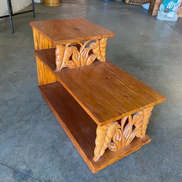 Restored Midcentury Hand Carved Palm Leaf Koa Wood Side Table 