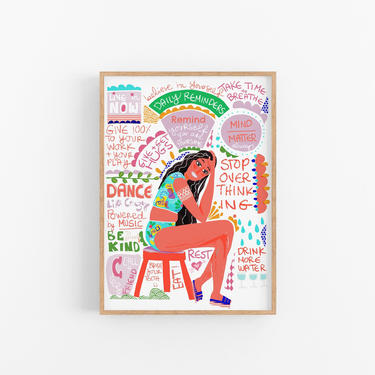 Self Care Poster | Girl thinking about what to do ART PRINT | Wall Decor | Colorful Posters 