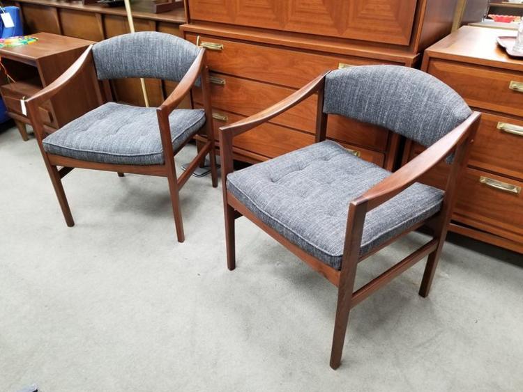 Pair of Mid-Century Modern walnut armchairs with new charcoal tweed upholstery