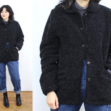 Vintage 90's Black Dark Gray Fuzzy Chore Jacket / 1990's Minimalist Coat / Pockets / Women's Size Medium Large 