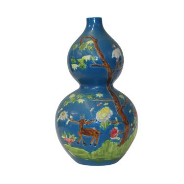 Chinese Matte Cyan Blue Ceramic Scenery Graphic Painting Gourd Vase ws804E 