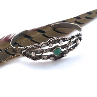 SOUTHWEST CHARMER Vintage 40s Cuff | 1940s Native American Silver &amp; Green Turquoise Bracelet | Southwest Railroad Jewelry, Western Americana 
