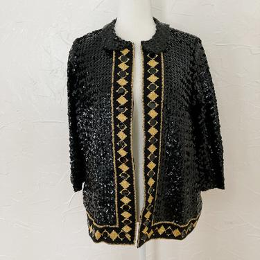 60s Black and Gold Fully Sequined Jacket with Collar I Large 