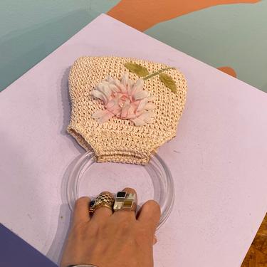 Vintage 90s Crochet Flower Mini Purse / Light Pastel Pink Woven Handbag with Floral Appliqué and Clear Plastic Handles 