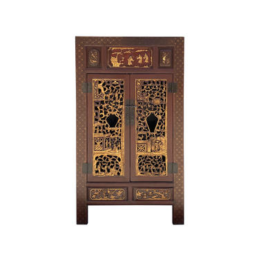 Chinese Fujian Brick Red Golden Carving Graphic Armoire Storage Cabinet cs6089E 