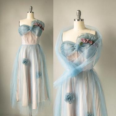 1950s Dress Tulle Strapless Sweetheart Gown S 