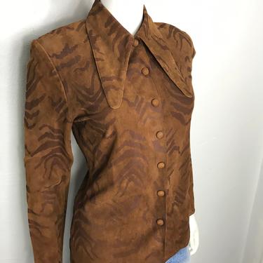 Vtg 70s brown suede tiger print shirt jacket SM 