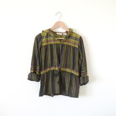 70s ethnic top / vintage blouse top / green plaid hoodie 