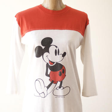 70s 80s Vintage MICKEY MOUSE T-Shirt by Walt Disney Productions Single Stitch Size S or M 3/4 Sleeves Red & White Jersey Raglan Unisex Shirt 