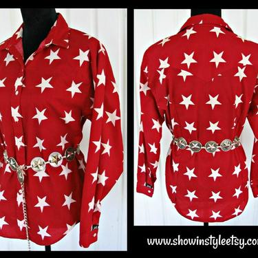 Brooks & Dunn by Panhandle Slim, Vintage Western Retro Women's Cowgirl Shirt, Bright Red, Printed White Stars, Tag Size Small (see meas.) 