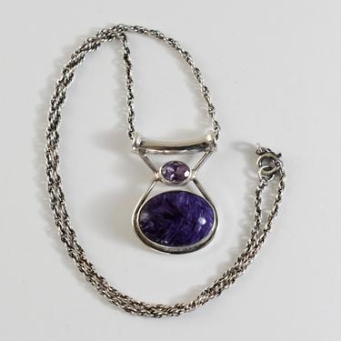 Vintage Sajen sterling charoite amethyst affixed pendant, edgy 925 silver purple oval gems geometric Bali necklace 