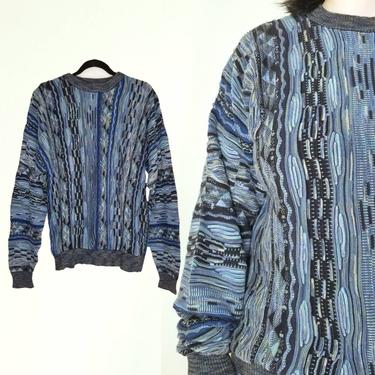 Vintage 3D Knit Sweater, Mens XL / 1990s Textured Blue Grandpa Sweater / Biggie Hip Hop Pullover Ugly Sweater / 90s Abstract Grunge Sweater 