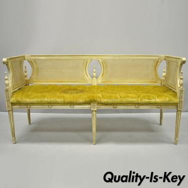 Vintage French Provincial Louis XVI Style Cane Back Cream &amp; Gold Bench Settee