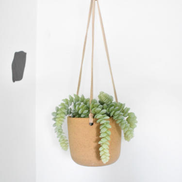 Natural Stoneware hanging planter with brown leather and copper 