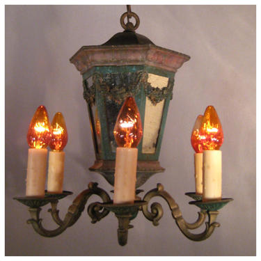 A6103 Antique Country French Chandelier with mirrored central body and six candle light branch arms 