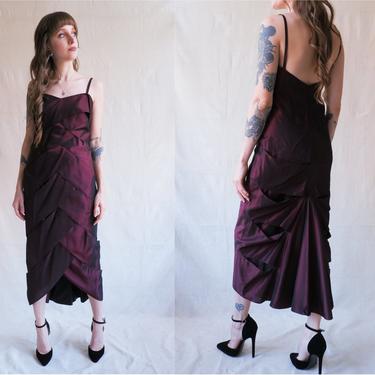 Vintage 90s Y2K Etienne Brunel Fishtail Dress/ 1990s Cut Out Iridescent Maroon Dress/ Size Small 