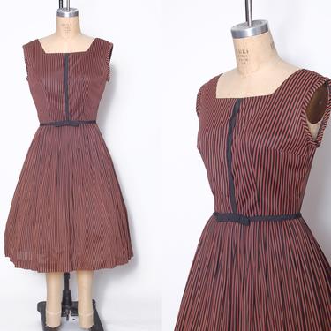Vintage 50s striped dress / chocolate brown and black stripes / rockabilly day dress / 1950s fit &amp; flare dress / pin up dress / mid century 