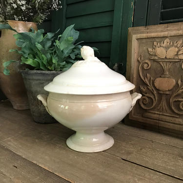 Antique French Faïence Compote, Choisy Le Roi, Ironstone Lidded Fruit Bowl, Pedestal, Lidded Tureen, Tea Stained 