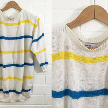 Vintage Short Sleeve Sweater White Blue Yellow 70s Striped Primary 3/4 Sleeves Lady Garland Split Neck Nautical Stripes Oversized Large XL 