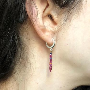 Rough Ruby and Sapphire Hoop Drops - corundum and sterling silver huggie hoops 