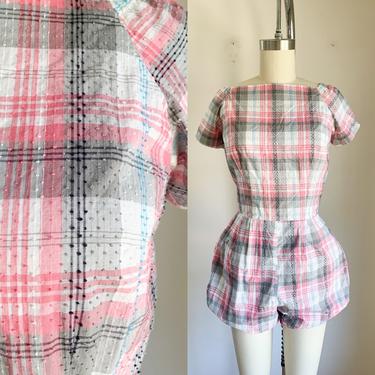 Vintage 1950s Pink Plaid Swiss Dotted Playsuit / XS 