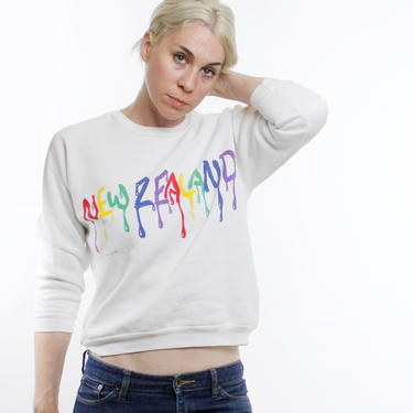 Vintage 80's New Zealand souvenir sweatshirt, white poly cotton sweatshirt, rainbow paint drip lettering - Small 