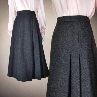 Vintage Dark Gray Wool Skirt, Medium / 1970s Ralph Lauren Pleated Skirt / Top Stitch Pleat Midi Skirt / Flared Ten Panel Secretary Skirt 
