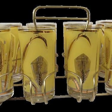 Vintage Highball Yellow &amp; Gold Glasses in Brass Cart by Fred Press - Set of 9