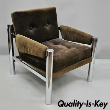 Mid Century Modern Chrome and Brown Corduroy Lounge Club Chair by James David