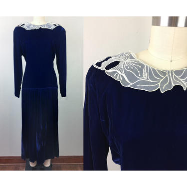 Vintage 90s Blue VELVET Dress Drop Waist Flapper White Embroidered Collar Talbots M 