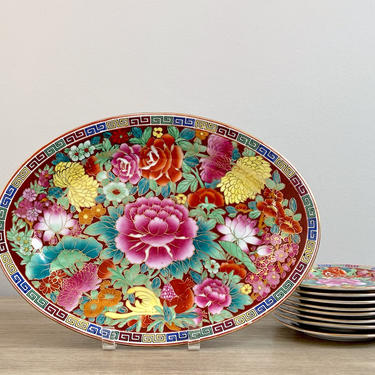 Chinese Floral Porcelain Serving Platter Tray Eight Plates Famille Rose Blooming Lotus Flowers Palm Beach Chinoiserie Chic 