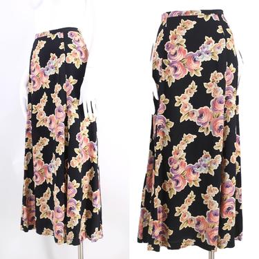 90s BETSEY JOHNSON rayon rose print skirt sz L / vintage 1990s midi length summer skirt Large 