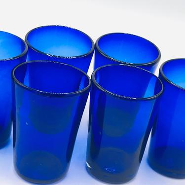 Pretty Set (6) Handmade Blown Tumblers  Drinking Glass Cobalt Blue  - 16 ounce 