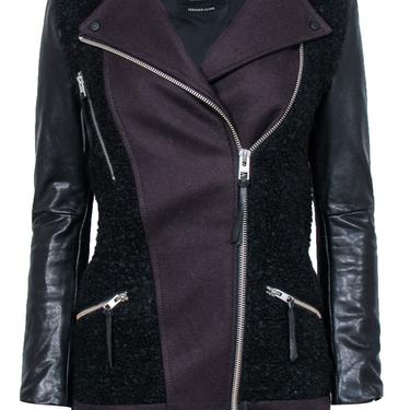 All Saints - Plum & Black Fuzzy Wool Moto Jacket w/ Leather Sleeves Sz 8
