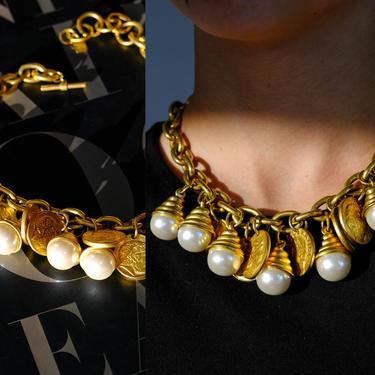 Vintage 80s Anne Klein Signed Coin & Pearl Chunky Chainlink Choker Necklace | Statement Piece, Donna Karan | 1980s Designer Layering Boho 