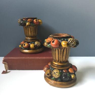Fruits and nuts chalkware candleholders - 1960s vintage decor 