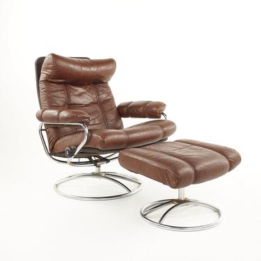Ekornes Mid Century Chrome and Leather Stressless Lounge Chair and Ottoman - mcm 